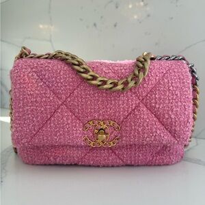 Authentic Chanel 19 Pink Tweed Mixed Metal Chain Bag
